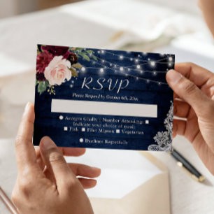 Tarjeta De Confirmación De Asistencia Boda Rústico Azul Rojo Rubor Floral String Lights