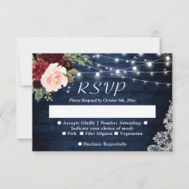 Tarjeta De Confirmación De Asistencia Boda Rústico Azul Rojo Rubor Floral String Lights