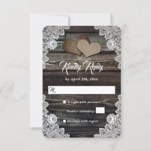 Tarjeta De Confirmación De Asistencia Boda Rústico Barn Wood Lace Burlap Hearts