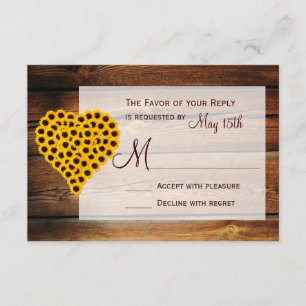 Tarjeta De Confirmación De Asistencia Boda Rústico Barn Wood Sunflower Heart Bouquet