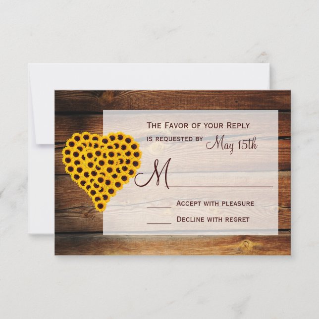 Tarjeta De Confirmación De Asistencia Boda Rústico Barn Wood Sunflower Heart Bouquet (Anverso)