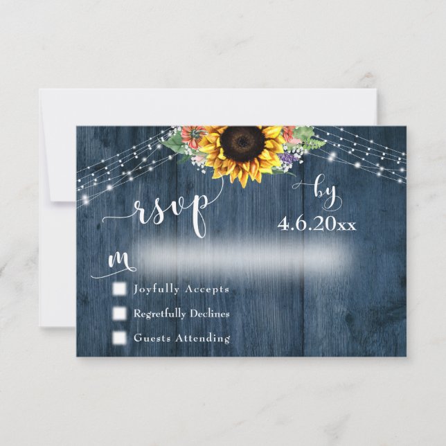 Tarjeta De Confirmación De Asistencia Boda Rústico Blue Wood Sunflower Bouquet Lights (Anverso)