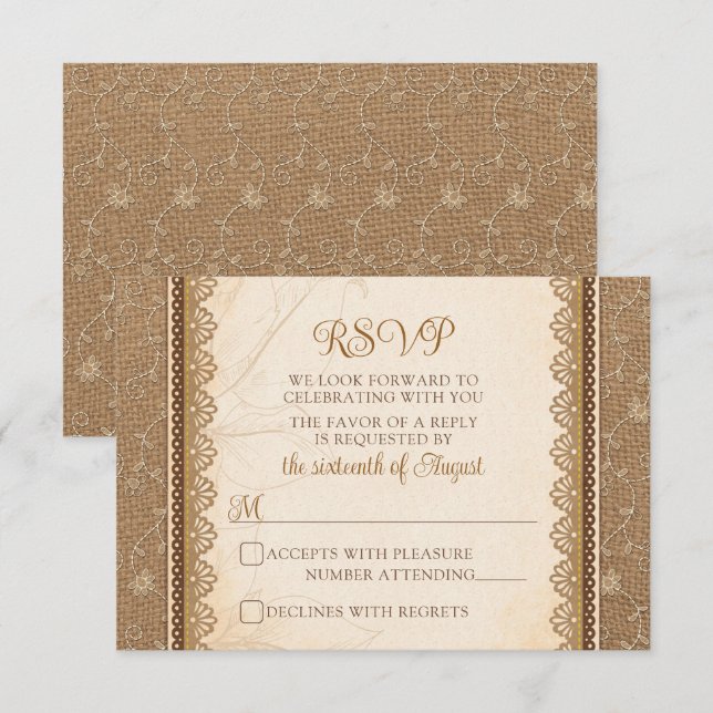 Tarjeta De Confirmación De Asistencia Boda Rústico Burlap Lace (Anverso / Reverso)