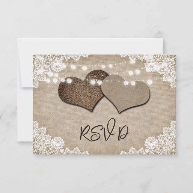 Tarjeta De Confirmación De Asistencia Boda Rústico Burlap Lace String Lights (Anverso)