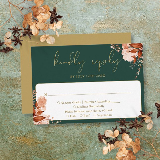 Tarjeta De Confirmación De Asistencia Boda Rústico De Esmeralda Y Oro (Rustic Floral Emerald Green And Gold Wedding RSVP Card)
