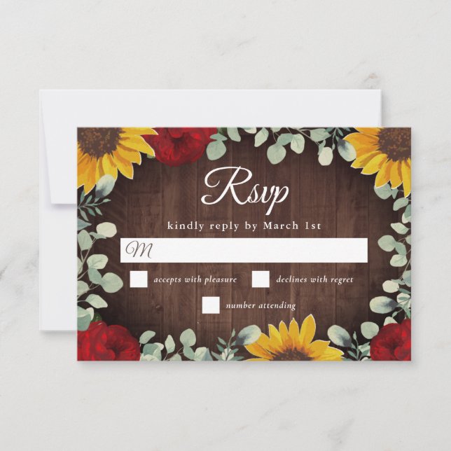 Tarjeta De Confirmación De Asistencia Boda Rústico de girasoles Eucalipto Rojas (Anverso)