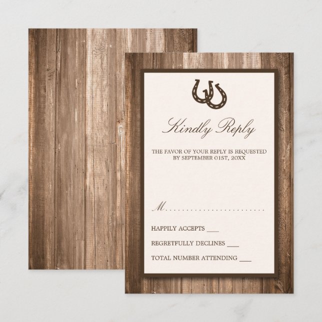 Tarjeta De Confirmación De Asistencia Boda Rústico de Herradura y Madera Marrón (Anverso / Reverso)