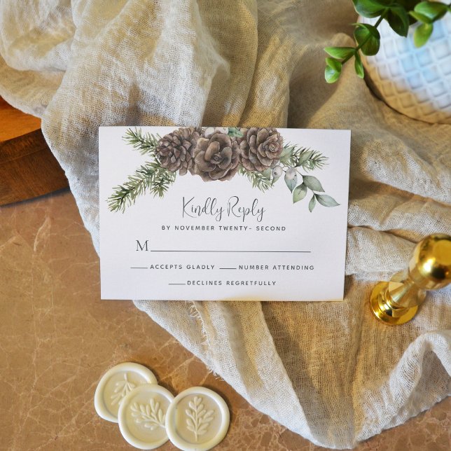Tarjeta De Confirmación De Asistencia Boda Rústico de Invernal Foliage Pine Cone (Subido por el creador)