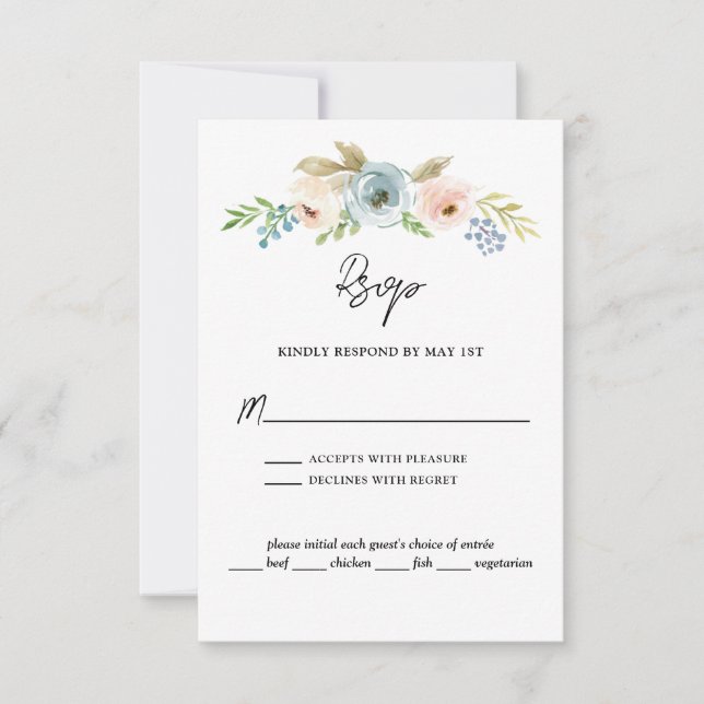 Tarjeta De Confirmación De Asistencia Boda Rústico Floral Elegante Azul Dusty (Anverso)