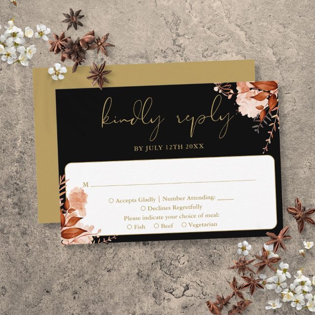 Tarjeta De Confirmación De Asistencia Boda Rústico Floral Elegante Negro Y Oro (Rustic Floral Elegant Black And Gold Wedding RSVP Card)
