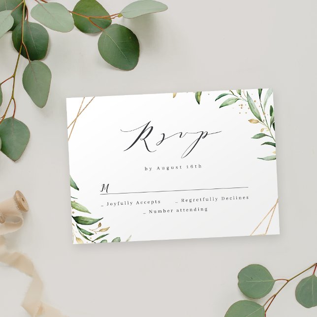 Tarjeta De Confirmación De Asistencia Boda Rústico Geométrico Moderno de Verdemia (Modern Greenery Geometric Rustic Wedding RSVP Card)