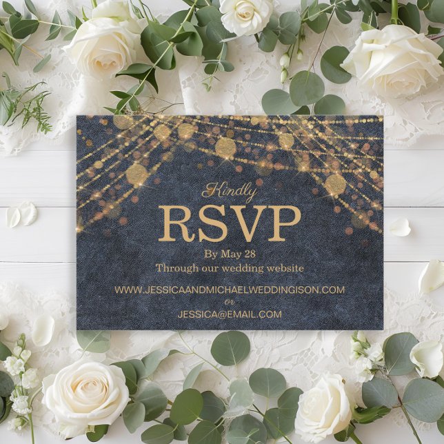 Tarjeta De Confirmación De Asistencia Boda Rústico Glam Denim Blue Gold String Luces (Rustic glam navy blue and gold string lights wedding RSVP card)