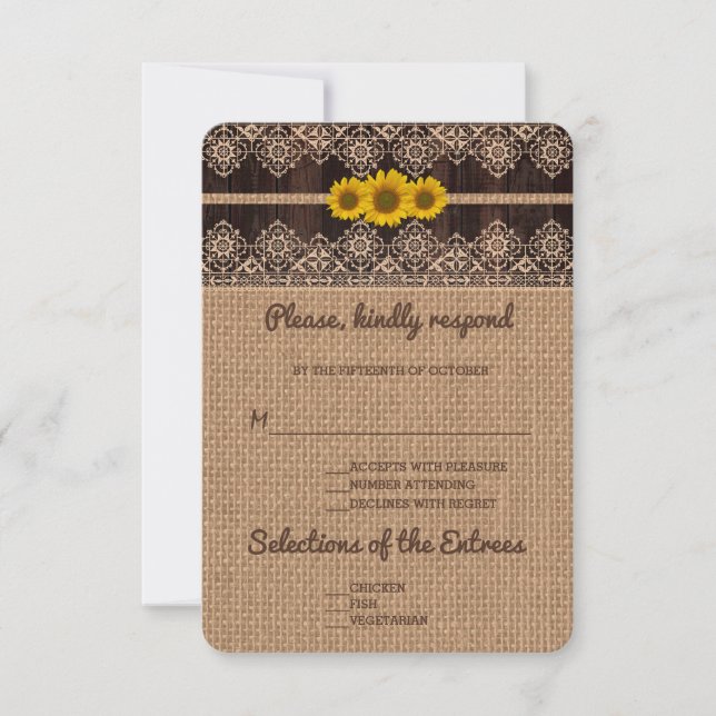 Tarjeta De Confirmación De Asistencia Boda Rústico Lace Burlap Wood (Anverso)