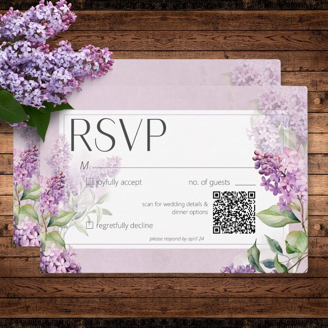Tarjeta De Confirmación De Asistencia Boda Rústico Romántico Purple & Sage Lilacs QR (Rustic Romantic Purple & Sage Lilacs Wedding QR RSVP Card)