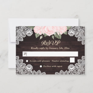 Tarjeta De Confirmación De Asistencia Boda Rústico Rubor Pink Floral Wood Lace