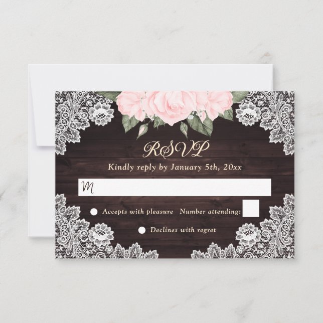 Tarjeta De Confirmación De Asistencia Boda Rústico Rubor Pink Floral Wood Lace (Anverso)