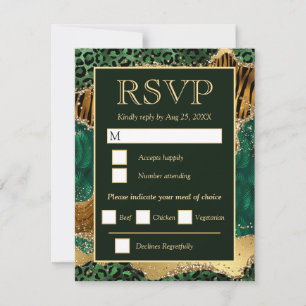 Tarjeta De Confirmación De Asistencia Boda Safari Verde y Dorado con Brillo de Ágata