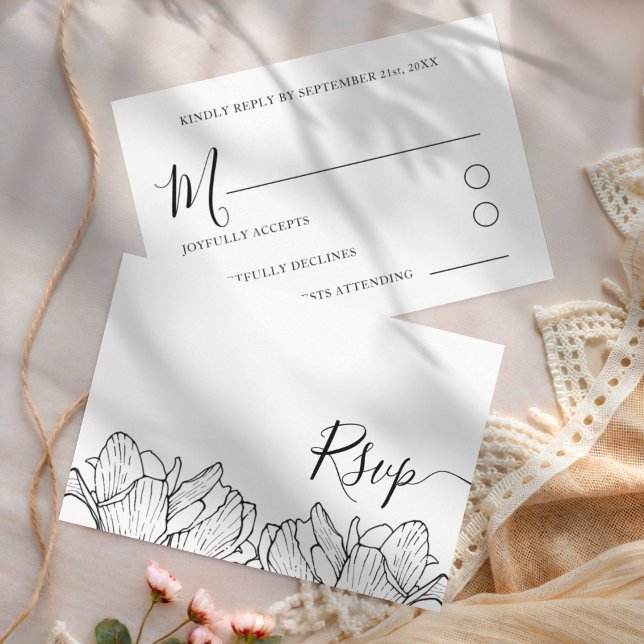 Tarjeta De Confirmación De Asistencia Boda simple botánico blanco y negro (Subido por el creador)