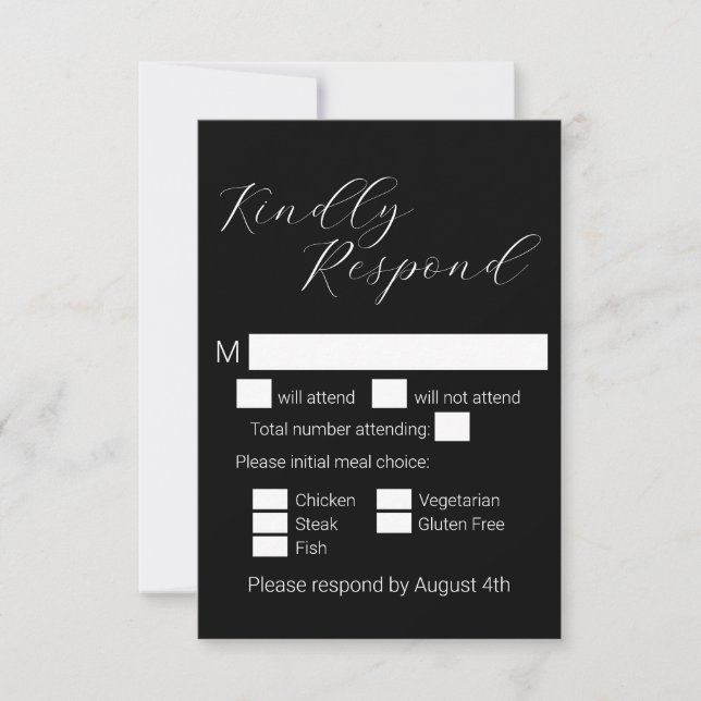 Tarjeta De Confirmación De Asistencia Boda simple de elección de comida con guión negro  (Anverso)