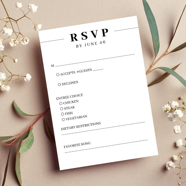 Tarjeta De Confirmación De Asistencia Boda simple de línea blanca y negra (White & Black Line Simple Wedding RSVP Card)