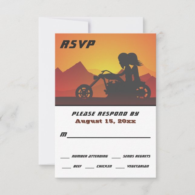 Tarjeta De Confirmación De Asistencia Boda Sunset/Sunrise de Motocicleta Pareja (Anverso)