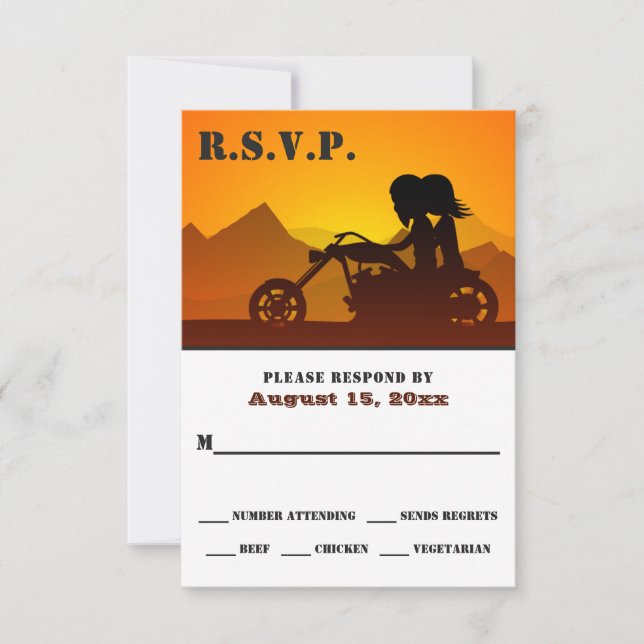 Tarjeta De Confirmación De Asistencia Boda Sunset/Sunrise de Motocicleta Pareja (Anverso)