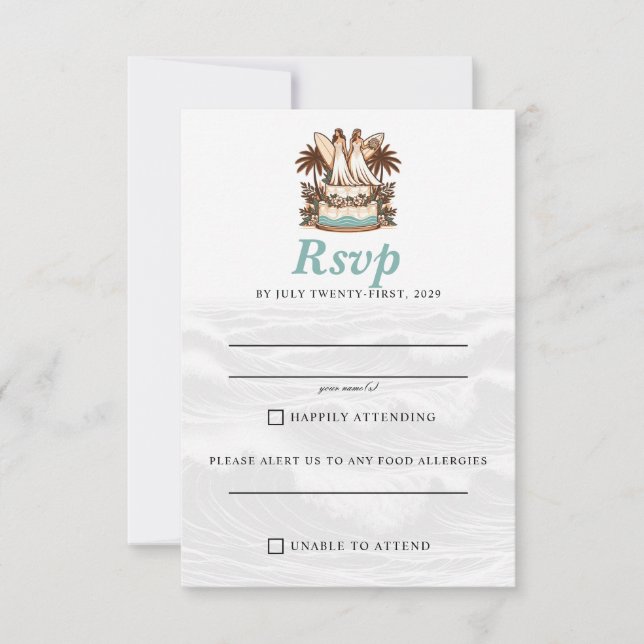 Tarjeta De Confirmación De Asistencia Boda Surf Brides (Anverso)