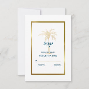 Tarjeta De Confirmación De Asistencia Boda Tropical Blue Gold Palm Tree Beach