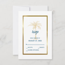 Tarjeta De Confirmación De Asistencia Boda Tropical Blue Gold Palm Tree Beach