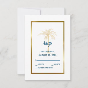 Tarjeta De Confirmación De Asistencia Boda Tropical Blue Gold Palm Tree Beach