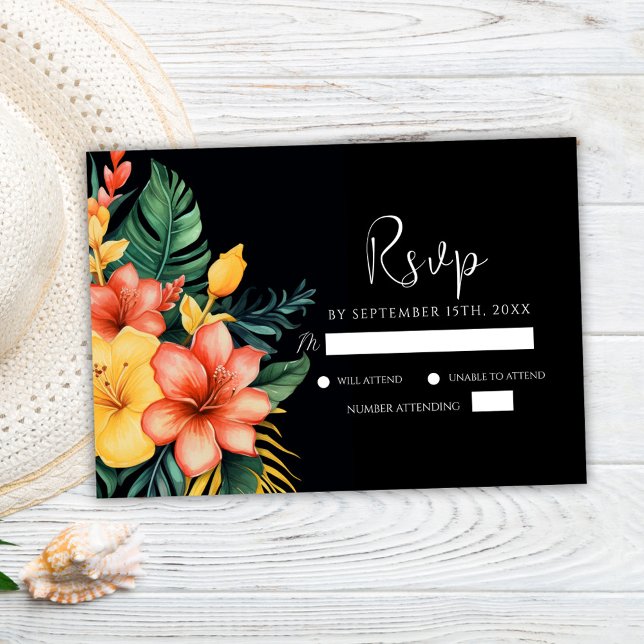 Tarjeta De Confirmación De Asistencia Boda tropical de acuarela floral botánica (Botanical Floral Watercolor Tropical Wedding RSVP Card)