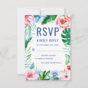 Tarjeta De Confirmación De Asistencia Boda tropical floral hawaiano colorido de playa