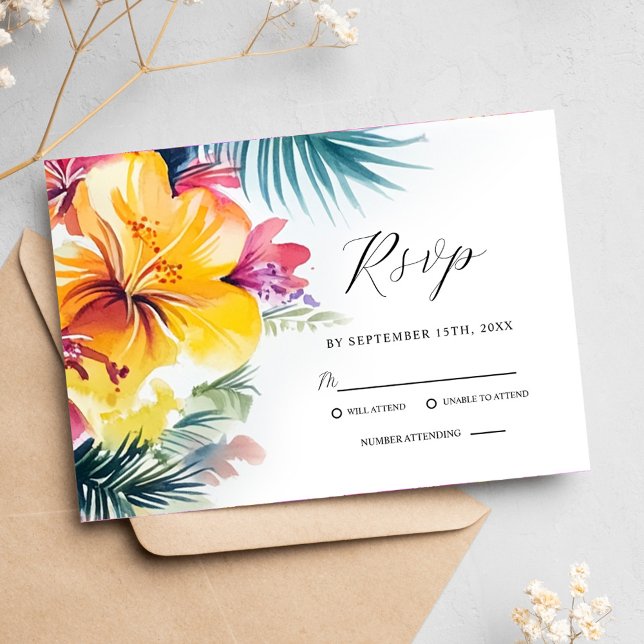 Tarjeta De Confirmación De Asistencia Boda Tropical Hibiscus Floral de destino (Tropical Hibiscus Floral Destination Wedding RSVP Card)