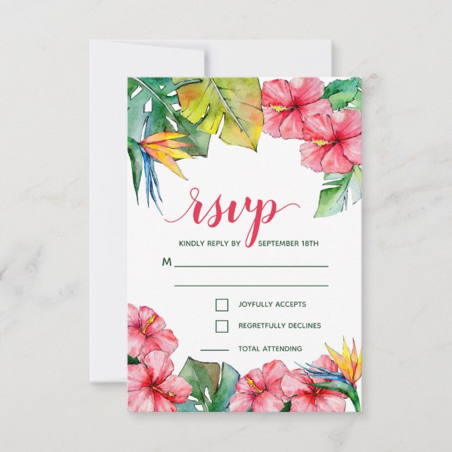 Tarjeta De Confirmación De Asistencia Boda Tropical Hibiscus Hawaii (Anverso)