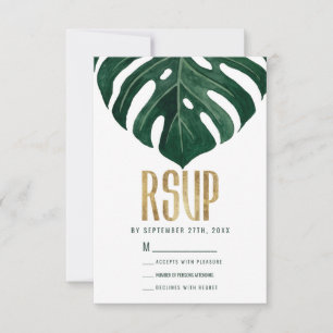 Tarjeta De Confirmación De Asistencia Boda tropical moderna del oro de la hoja del queso