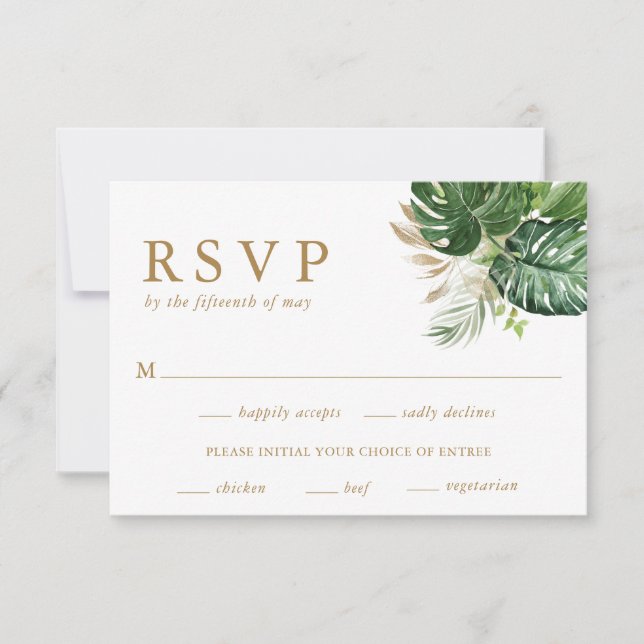 Tarjeta De Confirmación De Asistencia Boda Tropical Moderno de Verdor (Anverso)