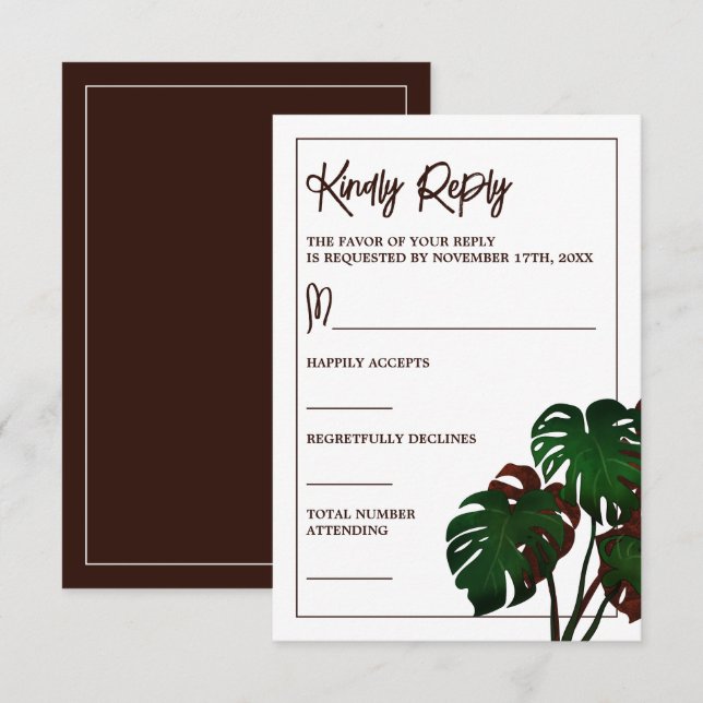 Tarjeta De Confirmación De Asistencia Boda Tropical Monstera Beach (Anverso / Reverso)