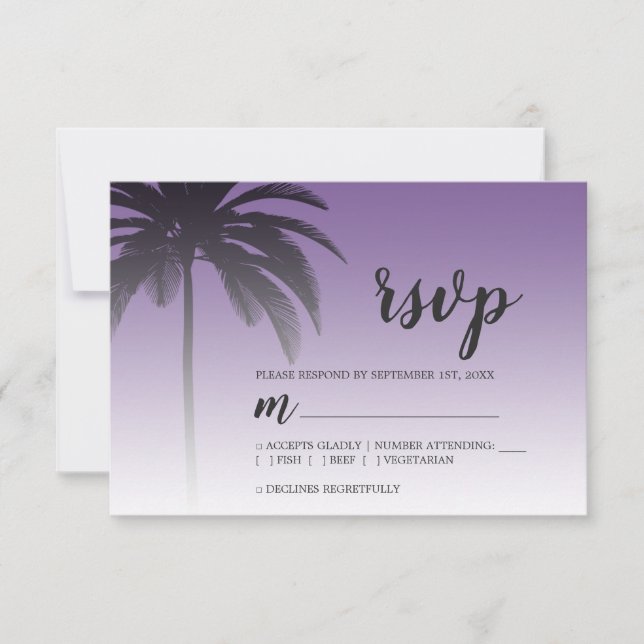 Tarjeta De Confirmación De Asistencia Boda Tropical Palm Tree Purple Beach (Anverso)