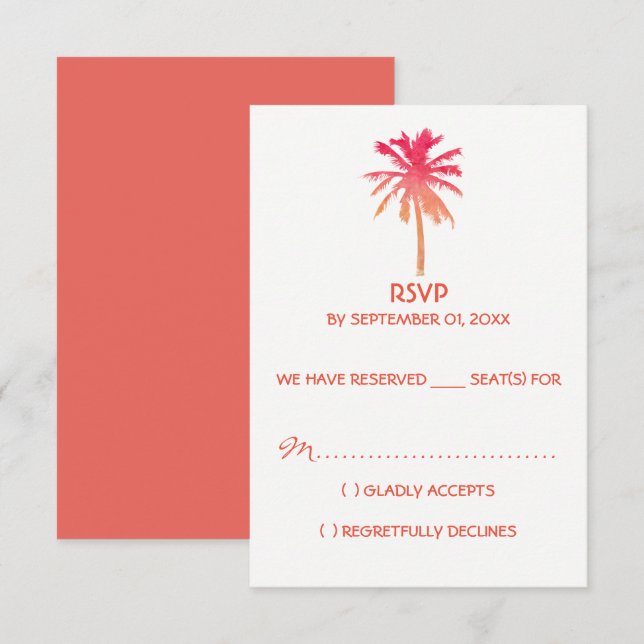 Tarjeta De Confirmación De Asistencia Boda Tropical Sunset Palm Tree Beach (Anverso / Reverso)
