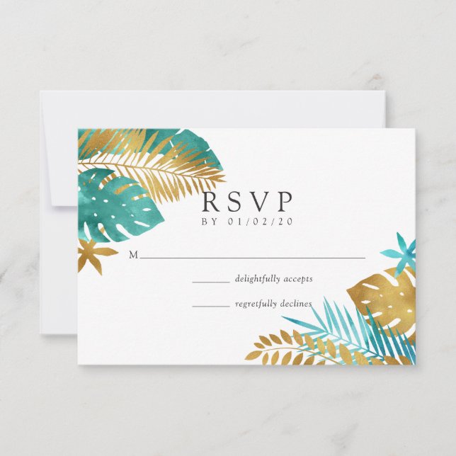Tarjeta De Confirmación De Asistencia Boda Tropical verde azulado y Oro (Anverso)