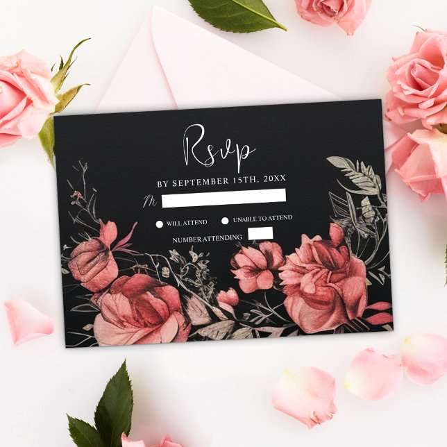Tarjeta De Confirmación De Asistencia Boda único Moody Gothic Floral Black (Unique Moody Gothic Floral Black Wedding RSVP Card)
