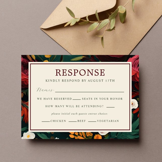 Tarjeta De Confirmación De Asistencia Boda Verde azulado floral oscuro borgoña pintada (Subido por el creador)