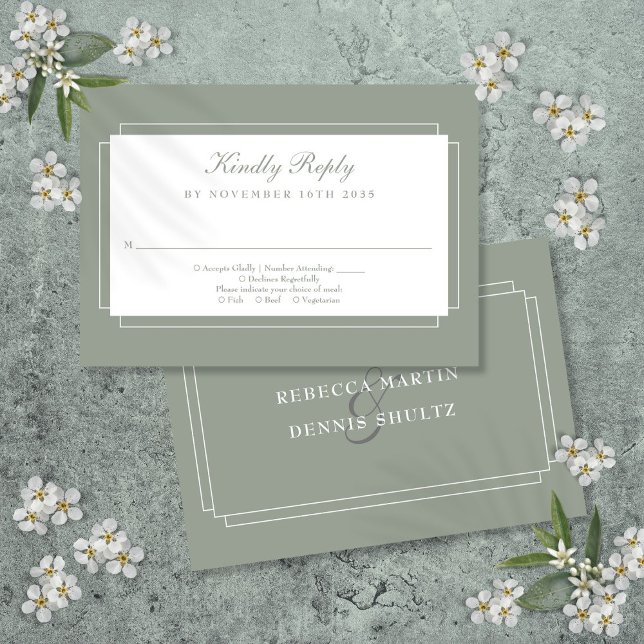 Tarjeta De Confirmación De Asistencia Boda verde clásico Art Deco Sage (Classic Art Deco Sage Green Wedding RSVP Card)