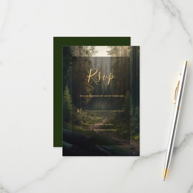 Tarjeta De Confirmación De Asistencia Boda verde de bosques de pino (Anverso/Reverso In Situ)