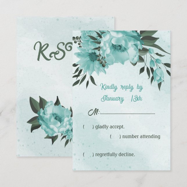 Tarjeta De Confirmación De Asistencia boda verde de flores azules (Anverso / Reverso)