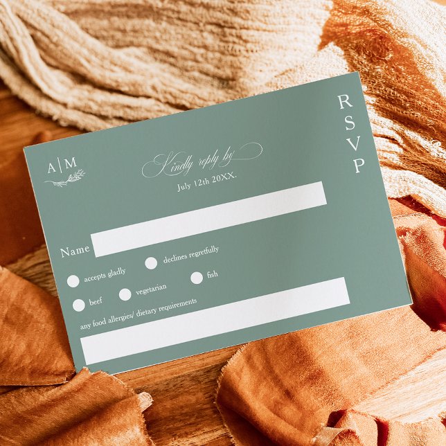 Tarjeta De Confirmación De Asistencia Boda verde de salvia de monograma floral clásico (Subido por el creador)