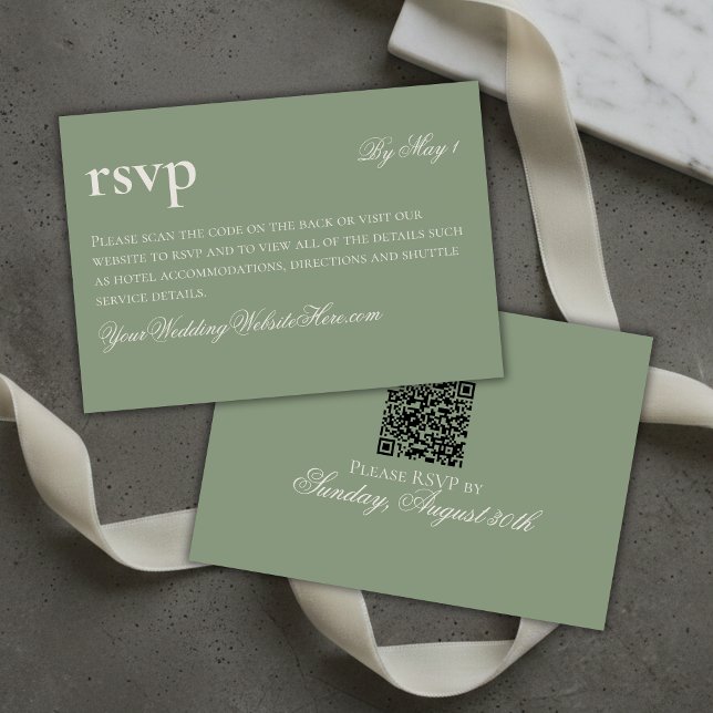 Tarjeta De Confirmación De Asistencia Boda verde del dinero viejo y eterno QR (Timeless Old Money Green Wedding QR RSVP Card)
