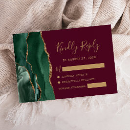Tarjeta De Confirmación De Asistencia Boda Verde Esmeralda Ágata Burgundy Dorado