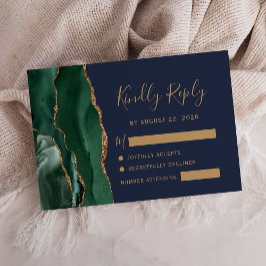 Tarjeta De Confirmación De Asistencia Boda Verde Esmeralda Oro Ágata Azul Marino