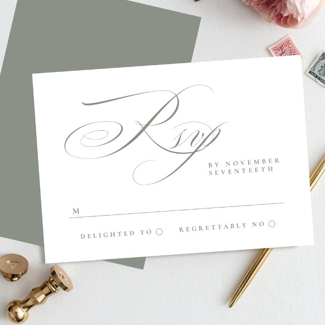 Tarjeta De Confirmación De Asistencia Boda verde gris de caligrafía elegante tradicional (Subido por el creador)